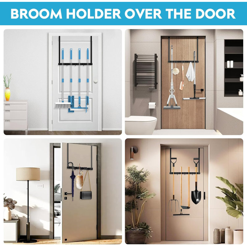Rebrilliant Broom Holder Over The Door Mop And Broom Holder Wall Mount Or Hanging Over The Door With Hooks Broom Hanger Broom Storage Tool Organizer For Garage Closet Laundry 1PCS Wayfair